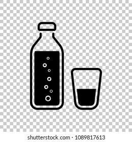 bottle of water with bubbles and glass cup. simple icon. On transparent background.