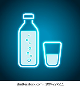 bottle of water with bubbles and glass cup. simple icon. Neon style. Light decoration icon. Bright electric symbol