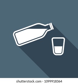 bottle of water with bubbles and glass cup. simple icon. White flat icon with long shadow on background