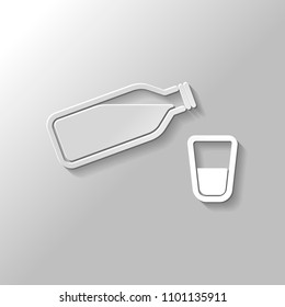 bottle of water with bubbles and glass cup. simple icon. Paper style with shadow on gray background