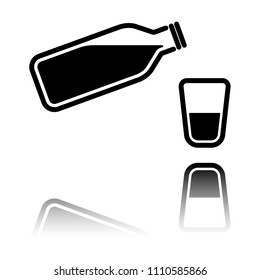 bottle of water with bubbles and glass cup. simple icon. Black icon with mirror reflection on white background