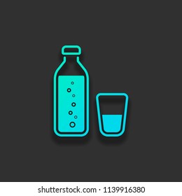 bottle of water with bubbles and glass cup. simple icon. Colorful logo concept with soft shadow on dark background. Icon color of azure ocean