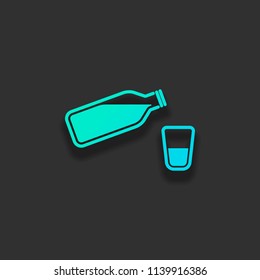 bottle of water with bubbles and glass cup. simple icon. Colorful logo concept with soft shadow on dark background. Icon color of azure ocean