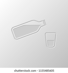 bottle of water with bubbles and glass cup. simple icon. Paper design. Cutted symbol. Pitted style