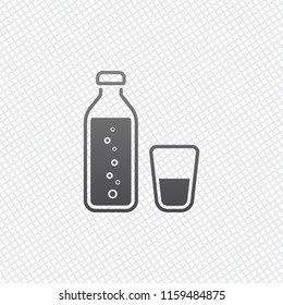 bottle of water with bubbles and glass cup. simple icon. On grid background
