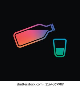 bottle of water with bubbles and glass cup. simple icon. Rainbow color and dark background