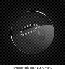 bottle of water with bubbles and glass cup. simple icon. Icon in circle glass bubble on dark transparent grid. Glass style