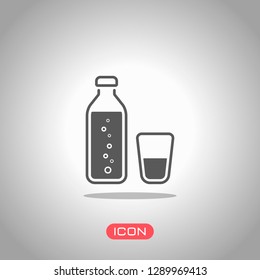 bottle of water with bubbles and glass cup. simple icon. Icon under spotlight. Gray background