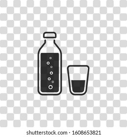 bottle of water with bubbles and glass cup. simple icon. Black symbol on transparency grid