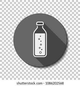 bottle of water with bubbles, simple icon. White flat icon with long shadow in circle on transparent background. Badge or sticker style