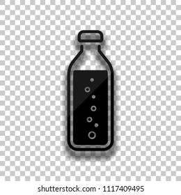 bottle of water with bubbles, simple icon. Black glass icon with soft shadow on transparent background