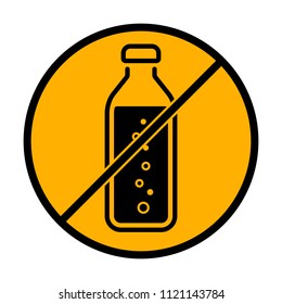 bottle of water with bubbles, simple icon. not allowed, black object in warning sign with orange background color