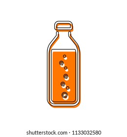 bottle of water with bubbles, simple icon. Isolated icon consisting of black thin contour and orange moved filling on different layers. White background