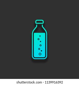 bottle of water with bubbles, simple icon. Colorful logo concept with soft shadow on dark background. Icon color of azure ocean
