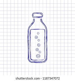 bottle of water with bubbles, simple icon. Hand drawn picture on paper sheet. Blue ink, outline sketch style. Doodle on checkered background