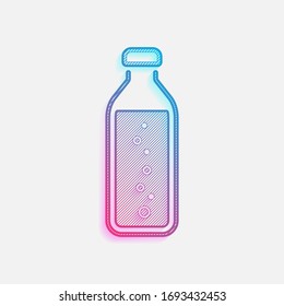 bottle of water with bubbles, simple icon. Colored logo with diagonal lines and blue-red gradient. Neon graphic, light effect