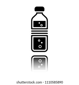 bottle of water with bubbles. simple single icon. Black icon with mirror reflection on white background