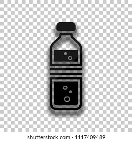 bottle of water with bubbles. simple single icon. Black glass icon with soft shadow on transparent background