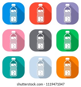 bottle of water with bubbles. simple single icon. Set of white icons on colored squares for applications. Seamless and pattern for poster