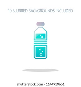 bottle of water with bubbles. simple single icon. Colorful logo concept with simple shadow on white. 10 different blurred backgrounds included