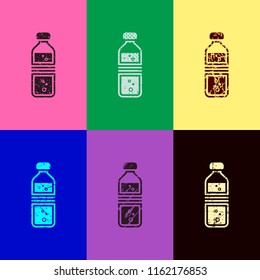 bottle of water with bubbles. simple single icon. Pop art style. Scratched icons on 6 colour backgrounds. 