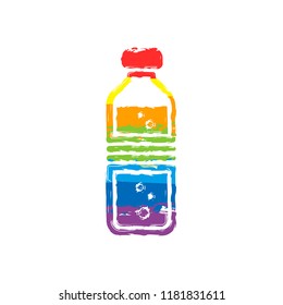 bottle of water with bubbles. simple single icon. Drawing sign with LGBT style, seven colors of rainbow (red, orange, yellow, green, blue, indigo, violet