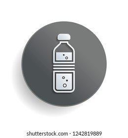 bottle of water with bubbles. simple single icon. White paper symbol on gray round button or badge with shadow