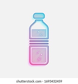 bottle of water with bubbles. simple single icon. Colored logo with diagonal lines and blue-red gradient. Neon graphic, light effect