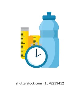 bottle water with chronometer time and tape measure vector illustration design