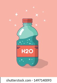 Bottle of water. Color flat vector illustration on pastel pink background.