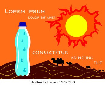 A bottle of water in the desert with camels
