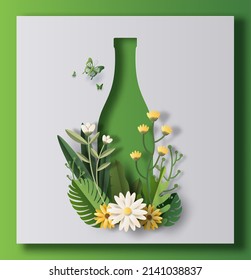 Una botella de agua con flores y hojas, la idea es reciclar viejas botellas de plástico, pensar verde, ilustración de papel y papel 3d.