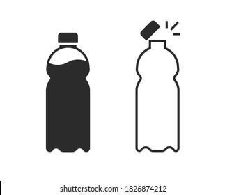 Bottle Of Water Full And Empty Vector Icon Black And White Flat Cartoon, Small Bottled Soda Isolated Open Closed Cap Clipart For Recycling Info Pictogram