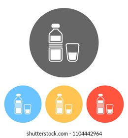 bottle of water and glass cup. simple icon. Set of white icons on colored circles