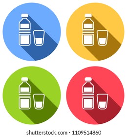 bottle of water and glass cup. simple icon. Set of white icons with long shadow on blue, orange, green and red colored circles. Sticker style