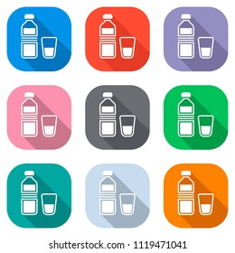 bottle of water and glass cup. simple icon. Set of white icons on colored squares for applications. Seamless and pattern for poster