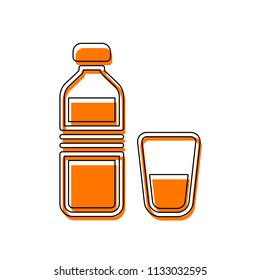 bottle of water and glass cup. simple icon. Isolated icon consisting of black thin contour and orange moved filling on different layers. White background