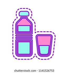bottle of water and glass cup. simple icon. Colored sketch with dotted border on white background