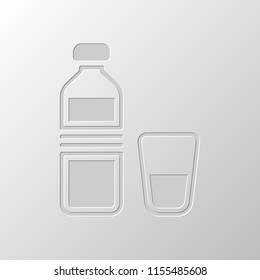 bottle of water and glass cup. simple icon. Paper design. Cutted symbol. Pitted style