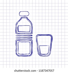 bottle of water and glass cup. simple icon. Hand drawn picture on paper sheet. Blue ink, outline sketch style. Doodle on checkered background