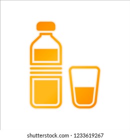 bottle of water and glass cup. simple icon. Orange sign with low light on white background