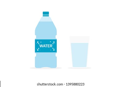Bottle of water and glass of water isolated blue plastic. Mineral water with shadows on white background. EPS 10