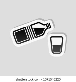 bottle of water and glass. simple single icon. Sticker style with white border and simple shadow on gray background