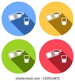 bottle of water and glass. simple single icon. Set of white icons with long shadow on blue, orange, green and red colored circles. Sticker style