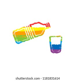 bottle of water and glass. simple single icon. Drawing sign with LGBT style, seven colors of rainbow (red, orange, yellow, green, blue, indigo, violet