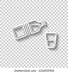 bottle of water and glass. simple single icon. White outline sign with shadow on transparent background