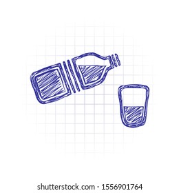 bottle of water and glass. simple single icon. Hand drawn sketched picture with scribble fill. Blue ink. Doodle on white background