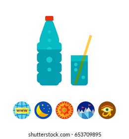Bottle of water and glass with straw