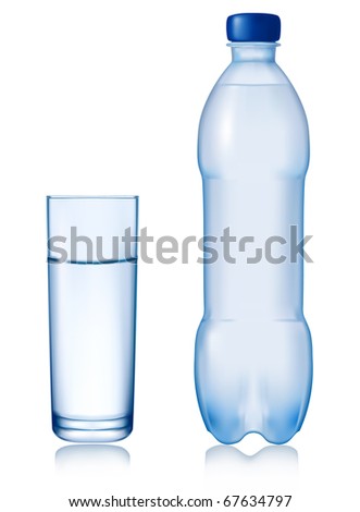 Bottle of water with glass. Vector illustration.