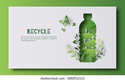 Бутылка воды с зеленым городом внутри, идея состоит в том, чтобы переработать старые пластиковые бутылки, подумать о зеленом, бумажной иллюстрации и трехмерной бумаге.